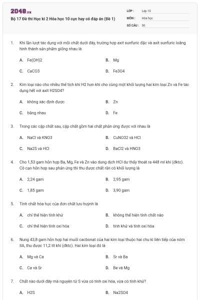 Bộ 17 Đề thi Học kì 2 Hóa học 10 cực hay có đáp án (Đề 1)