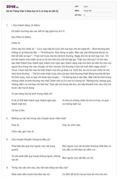 Đề thi Tiếng Việt 3 Giữa học kì 2 có đáp án (Đề 8)