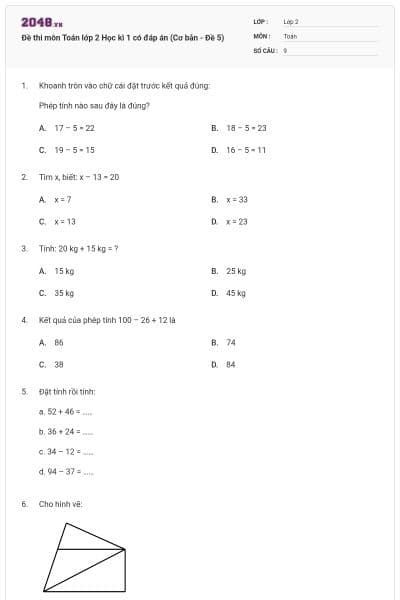 Đề thi môn Toán lớp 2 Học kì 1 có đáp án (Cơ bản - Đề 5)