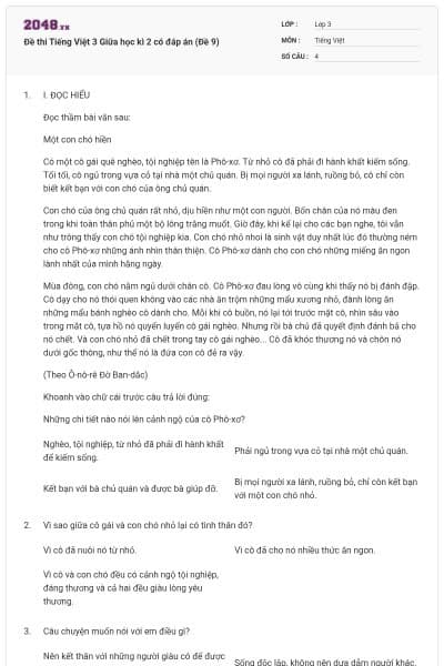 Đề thi Tiếng Việt 3 Giữa học kì 2 có đáp án (Đề 9)