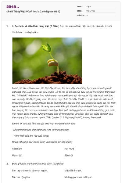 Đề thi Tiếng Việt 3 Cuối học kì 2 có đáp án (Đề 1)