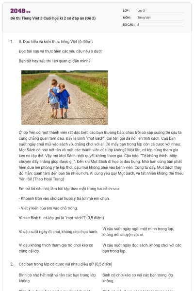 Đề thi Tiếng Việt 3 Cuối học kì 2 có đáp án (Đề 2)