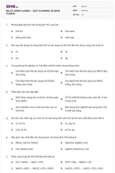 Bài 23: HIĐRO CLORUA – AXIT CLOHIĐRIC VÀ MUỐI CLORUA