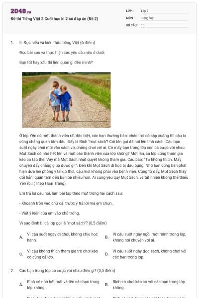 Đề thi Tiếng Việt 3 Cuối học kì 2 có đáp án (Đề 2)