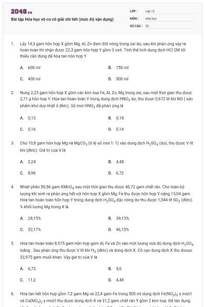 Bài tập Hóa học vô cơ có giải chi tiết (mức độ vận dụng)
