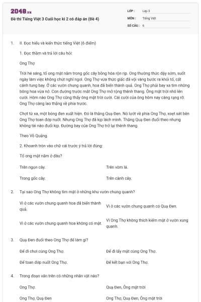 Đề thi Tiếng Việt 3 Cuối học kì 2 có đáp án (Đề 4)