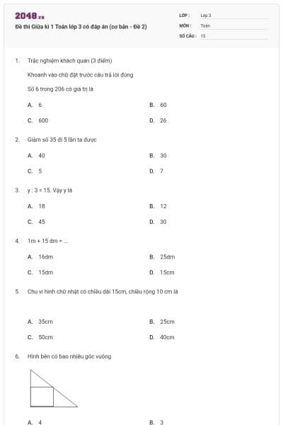 Đề thi Giữa kì 1 Toán lớp 3 có đáp án (cơ bản - Đề 2)