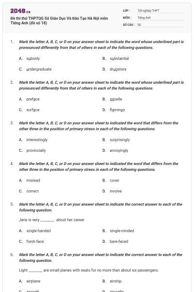 Đề thi thử THPTQG Sở Giáo Dục Và Đào Tạo Hà Nội môn Tiếng Anh (đề số 18)