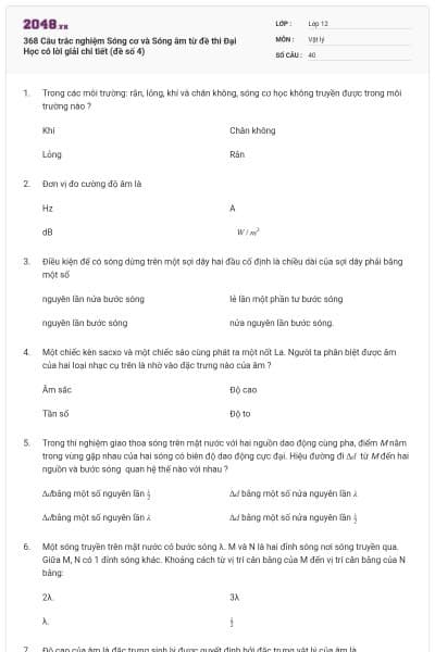 368 Câu trắc nghiệm Sóng cơ và Sóng âm từ đề thi Đại Học có lời giải chi tiết (đề số 4)