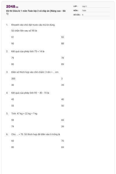 Đề thi Giữa kì 1 môn Toán lớp 2 có đáp án (Nâng cao - Đề 1)