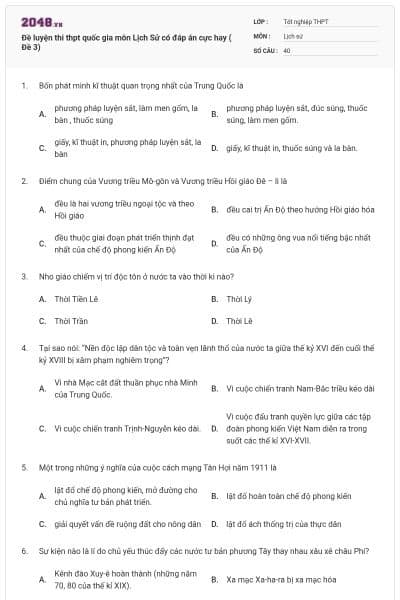 Đề luyện thi thpt quốc gia môn Lịch Sử có đáp án cực hay ( Đề 3)