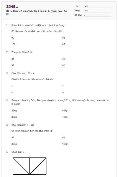 Đề thi Giữa kì 1 môn Toán lớp 2 có đáp án (Nâng cao - Đề 2)