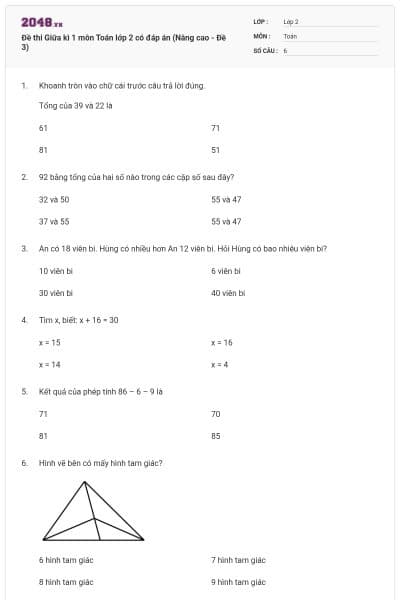 Đề thi Giữa kì 1 môn Toán lớp 2 có đáp án (Nâng cao - Đề 3)