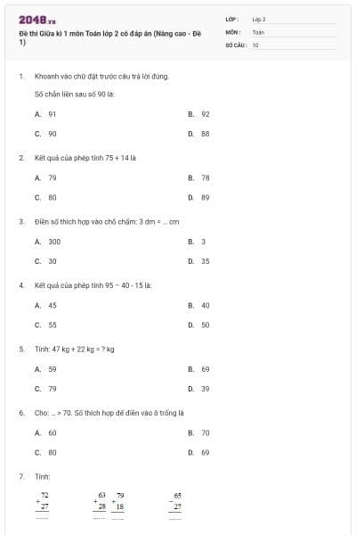 Đề thi Giữa kì 1 môn Toán lớp 2 có đáp án (Nâng cao - Đề 1)