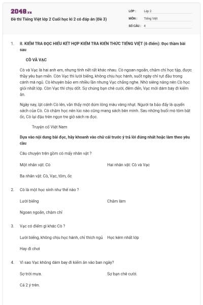 Đề thi Tiếng Việt lớp 2 Cuối học kì 2 có đáp án (Đề 3)