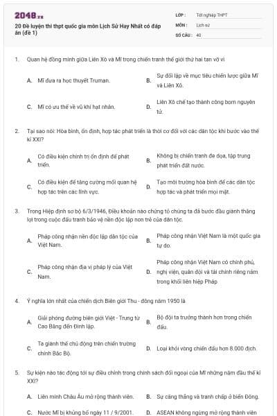 20 Đề luyện thi thpt quốc gia môn Lịch Sử Hay Nhất có đáp án (đề 1)