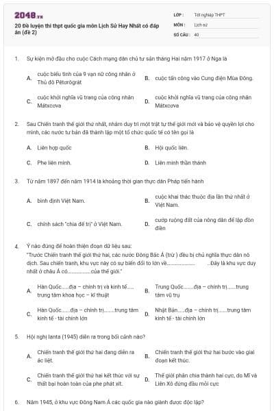 20 Đề luyện thi thpt quốc gia môn Lịch Sử Hay Nhất có đáp án (đề 2)