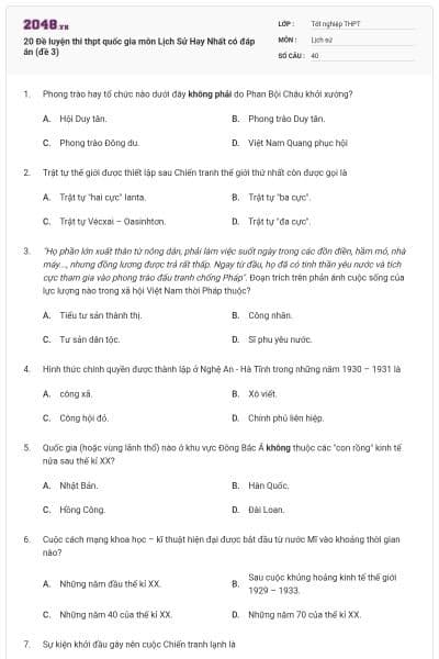 20 Đề luyện thi thpt quốc gia môn Lịch Sử Hay Nhất có đáp án (đề 3)