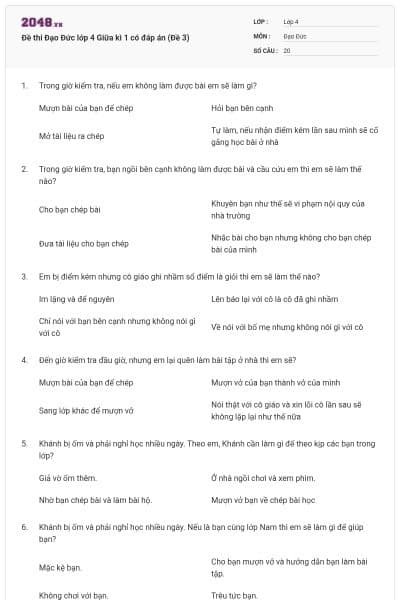 Đề thi Đạo Đức lớp 4 Giữa kì 1 có đáp án (Đề 3)