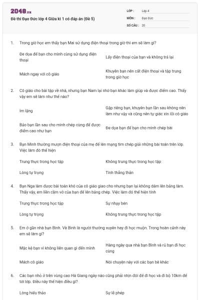 Đề thi Đạo Đức lớp 4 Giữa kì 1 có đáp án (Đề 5)