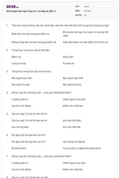 Đề thi Đạo Đức lớp 4 Học kì 1 có đáp án (Đề 1)