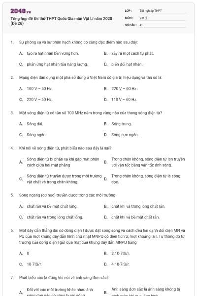 Tổng hợp đề thi thử THPT Quốc Gia môn Vật Lí năm 2020 (Đề 26)