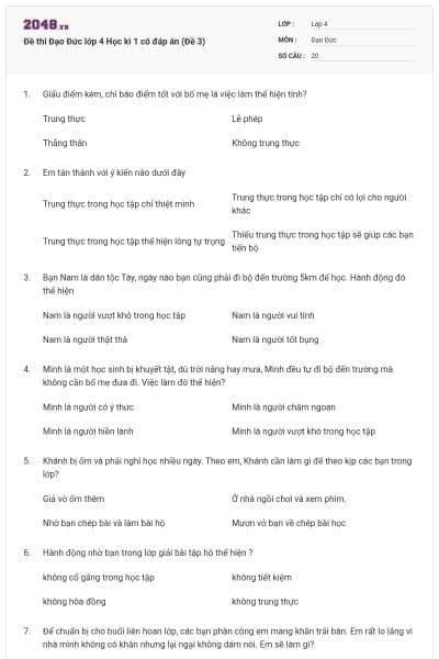 Đề thi Đạo Đức lớp 4 Học kì 1 có đáp án (Đề 3)