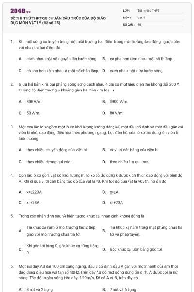 ĐỀ THI THỬ THPTQG CHUẨN CẤU TRÚC CỦA BỘ GIÁO DỤC MÔN VẬT LÝ (Đề số 25)