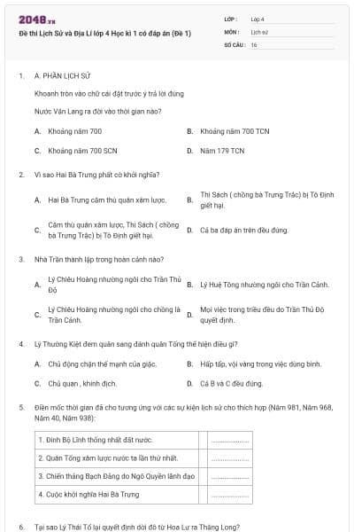 Đề thi Lịch Sử và Địa Lí lớp 4 Học kì 1 có đáp án (Đề 1)