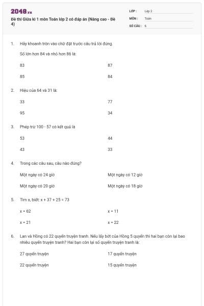 Đề thi Giữa kì 1 môn Toán lớp 2 có đáp án (Nâng cao - Đề 4)