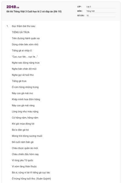 Đề thi Tiếng Việt 3 Cuối học kì 2 có đáp án (Đề 10)