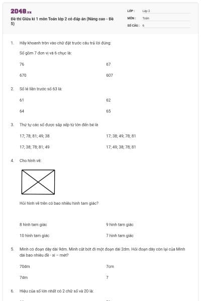 Đề thi Giữa kì 1 môn Toán lớp 2 có đáp án (Nâng cao - Đề 5)