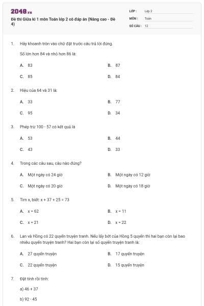 Đề thi Giữa kì 1 môn Toán lớp 2 có đáp án (Nâng cao - Đề 4)
