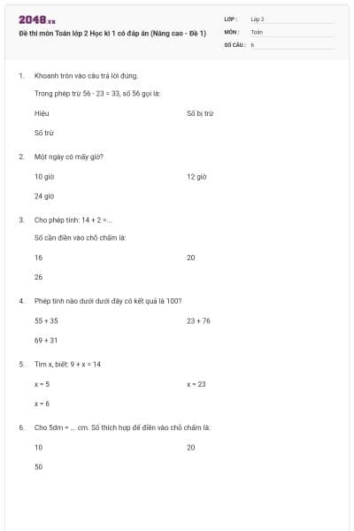 Đề thi môn Toán lớp 2 Học kì 1 có đáp án (Nâng cao - Đề 1)