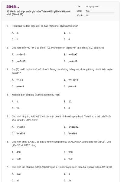 30 Đề thi thử thpt quốc gia môn Toán có lời giải chi tiết mới nhất (Đề số 11)