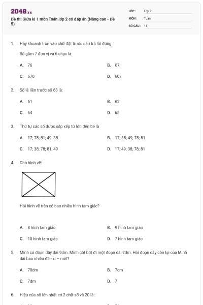 Đề thi Giữa kì 1 môn Toán lớp 2 có đáp án (Nâng cao - Đề 5)