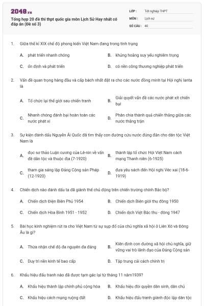 Tổng hợp 20 đề thi thpt quốc gia môn Lịch Sử Hay nhất có đáp án (Đề số 3)