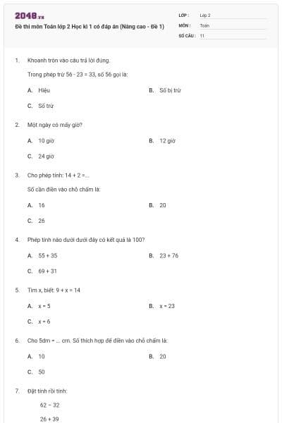 Đề thi môn Toán lớp 2 Học kì 1 có đáp án (Nâng cao - Đề 1)
