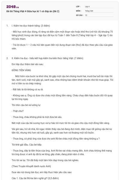 Đề thi Tiếng Việt 4 Giữa học kì 1 có đáp án (Đề 2)