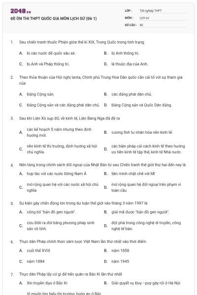 ĐỀ ÔN THI THPT QUỐC GIA MÔN LỊCH SỬ (Đề 1)