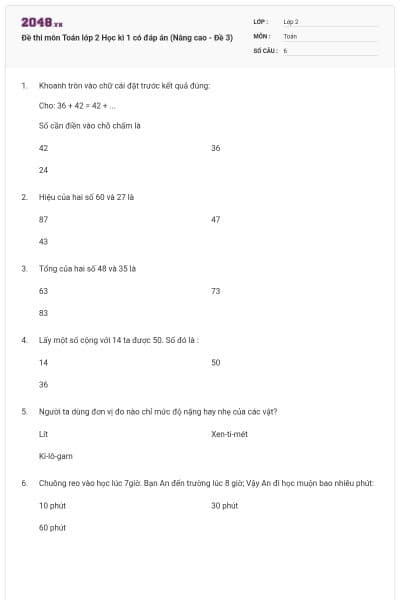 Đề thi môn Toán lớp 2 Học kì 1 có đáp án (Nâng cao - Đề 3)