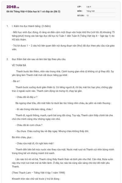 Đề thi Tiếng Việt 4 Giữa học kì 1 có đáp án (Đề 3)