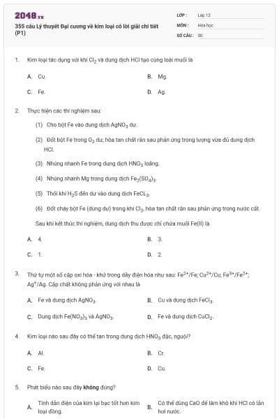 355 câu Lý thuyết Đại cương về kim loại có lời giải chi tiết (P1)