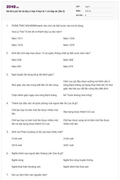 Đề thi Lịch Sử và Địa Lí lớp 4 Học kì 1 có đáp án (Đề 2)
