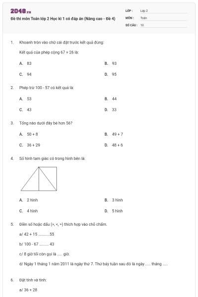 Đề thi môn Toán lớp 2 Học kì 1 có đáp án (Nâng cao - Đề 4)