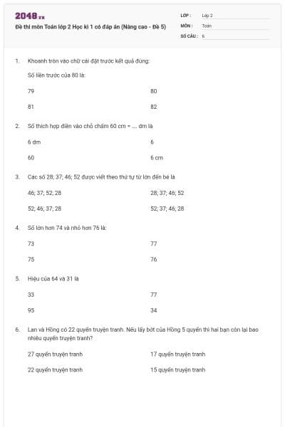 Đề thi môn Toán lớp 2 Học kì 1 có đáp án (Nâng cao - Đề 5)