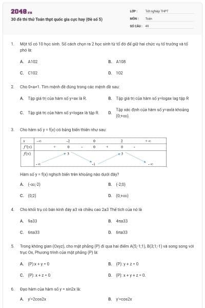 30 đề thi thử Toán thpt quốc gia cực hay (Đề số 5)