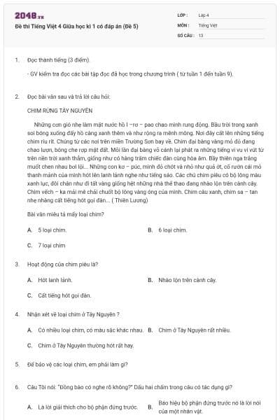 Đề thi Tiếng Việt 4 Giữa học kì 1 có đáp án (Đề 5)