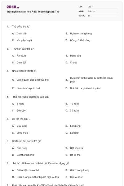 Trắc nghiệm Sinh học 7 Bài 46 (có đáp án): Thỏ