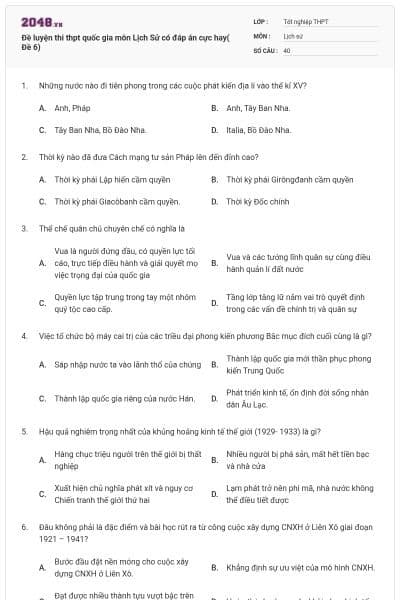 Đề luyện thi thpt quốc gia môn Lịch Sử có đáp án cực hay( Đề 6)